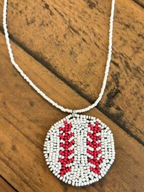 Beaded Baseball Pendant Necklace Red White Felt Back Game Day Jewelry